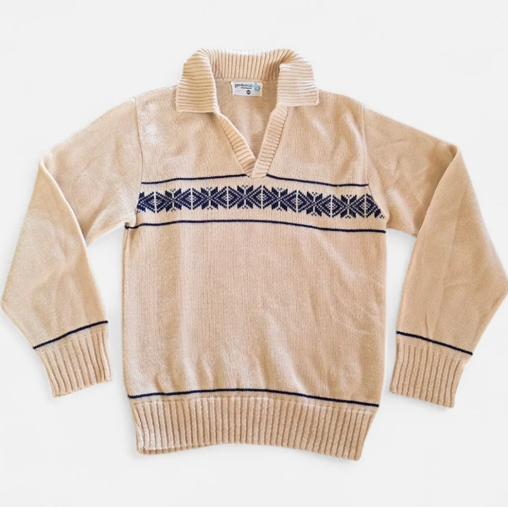 Vintage 70s Brentwood Sportwear Ski Sweater Tan Blue Womens Medium - Picture 1 of 6